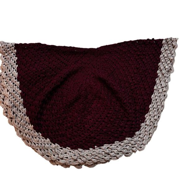 Handmade Crochet Shell Stitch Oval Afghan Throw Burgundy Tan 57x42" Open Weave - Picture 6 of 6